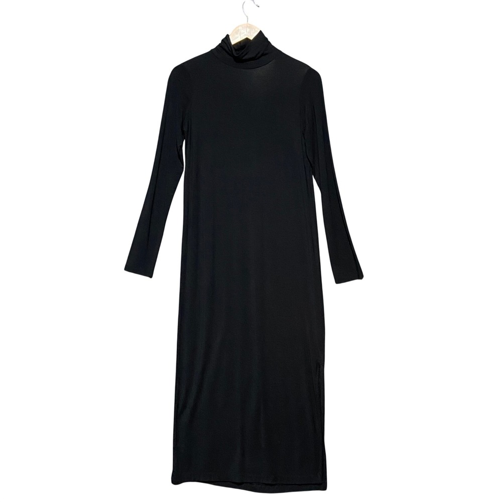 Vince Black Turtleneck Long Sleeve Midi Dress Side Slit Women's S Bodycon Chic
